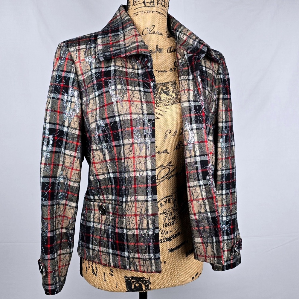 Andre Oliver Plaid Blazer Jacket Women's Size 8 Silver Accent